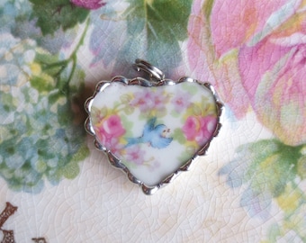 Vintage Broken or Shabby China Sweet Bluebird Blue Bird of Happiness Bracelet Charm or Pendant-Help feed the birds-Over the Rainbow-