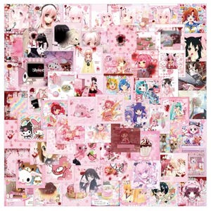 Op de afbeelding: Een roze collage met talrijke illustraties en afbeeldingen in anime-stijl. Het kunstwerk bevat verschillende personages, voedselelementen en decoratieve elementen, allemaal in roze en witte tinten. Het woord "Slipknot" is zichtbaar op een scherm.