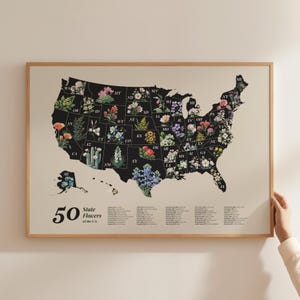 US State Flower Map (dunkel) Poster Kunstdruck State Flower Wohnkultur Botanisches Poster Floral Wandkunst