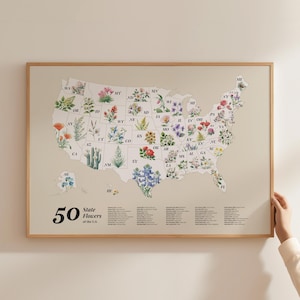 US State Flower Map (hell) Poster Kunstdruck State Flower Wohnkultur Botanisches Poster Floral Wandkunst