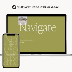 May include: A laptop computer with a green background and the word "Navigate" in white text. A mobile phone with a green background and the word "Navigate" in white text is in the foreground. The phone shows a menu with links to "Home", "About", "Work With Me", "Portfolio", "FAQ", "Contact", "Shop", and "Help".