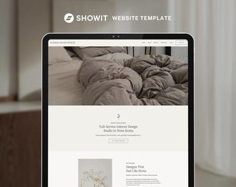 May include: A digital tablet displays a website template with the text "SHOWIT WEBSITE TEMPLATE" at the top. The website showcases interior design services, featuring a bed with a neutral-toned comforter and the text "SUNDAY HOUSE DESIGN".