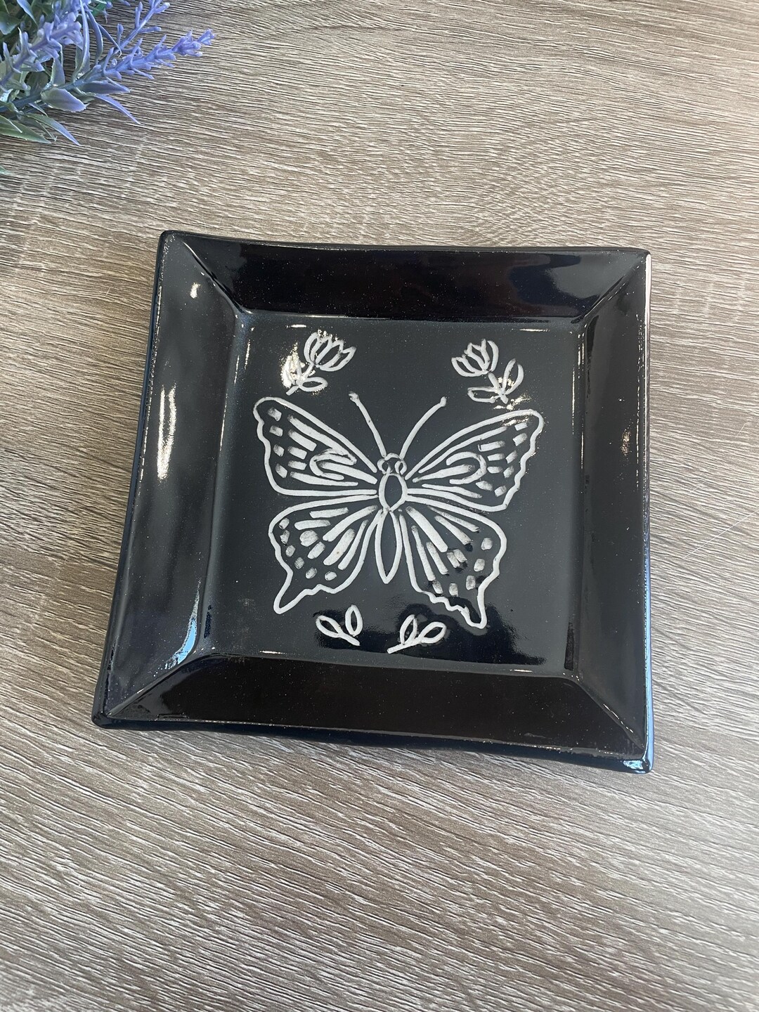 Handmade Sgraffito Ceramic Tray, Black Insect Ring Dish, Butterfly ...