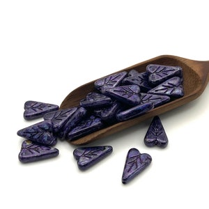 16X11 mm Heart Leaf Deep Aubergine Purple Czech Glass Beads, QTY 10 Beads