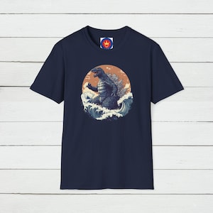 Godzilla Inspired Unisex T-Shirt, Great Wave off Kanagawa Shirt, Japanese Art Graphic Apparel, Gift for Movie Fan, Japanese Inspired Print