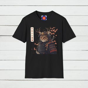 Samurai Cat T-shirt, Japanese Cat Art Aesthetic, Cat Lover T-Shirt, Unisex Graphic Tee, Artistic Cat Lover Gift, Kawaii Style Tee