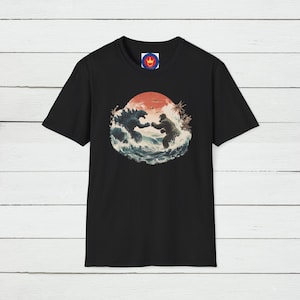 Godzilla & King Kong Inspired Unisex T-Shirt, Great Wave off Kanagawa Shirt, Japanese Art Graphic Apparel, Gift for King Kong Movie Fan
