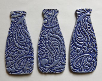 3 handmade embossed ceramic BOTTLE VASE mosaic tiles (medium blue glaze)