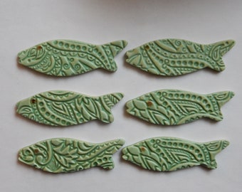 6 matte green patina glazed ceramic mosaic tile fish with embossed texture