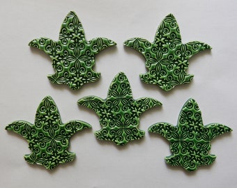 5 handmade kiln fired embossed ceramic fleur de lis mosaic tiles...holiday green glaze