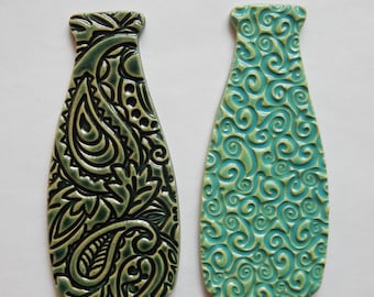 2 handmade embossed ceramic BOTTLE VASE mosaic tiles...peacock and light turquoise green glaze