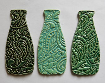 3 handmade embossed ceramic BOTTLE VASE mosaic tiles
