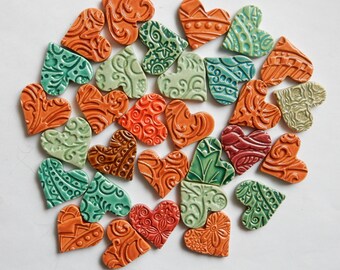 30 handmade embossed kiln fired earthenware clay hearts