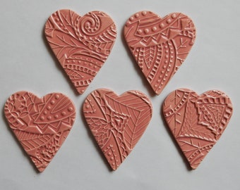 5 handmade embossed kiln fired earthenware clay hearts...miami pink medium glaze