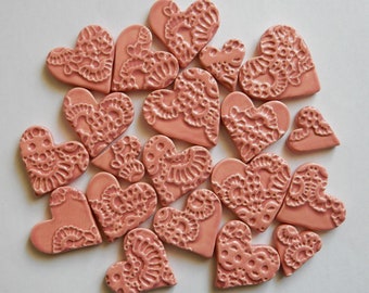 20 pink handmade embossed kiln fired earthenware clay hearts...3 sizes
