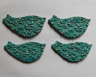 sweet little blue birds...4 handmade embossed ceramic mosaic tiles...(caribbean blue glaze)