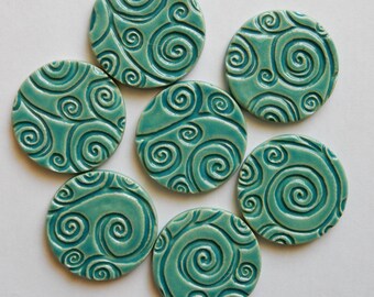 7 round caribbean blue handmade embossed ceramic mosaic tiles...swirlie design