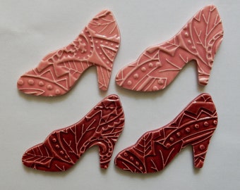 2 pairs of high heels...handmade embossed ceramic mosaic tiles...miami pink and cherry red glazes