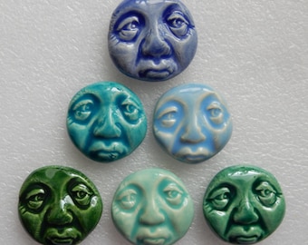 Grumpy? FACES...6 perfectly imperfect kiln fired earthenware ceramic faces (blues and greens)