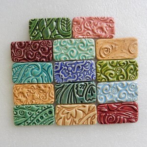 14 colorful handmade embossed ceramic mosaic tiles/bars rectangles embellishments...kiln fired earthenware clay