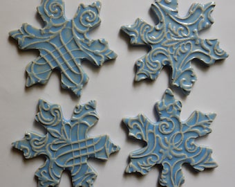 4 large baby blue snowflakes...handmade embossed kiln fired earthenware ceramic mosaic tiles