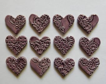 12 lace embossed ceramic hearts...grape glaze