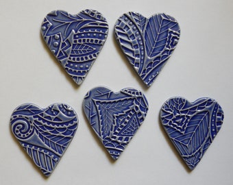 new heart shape...5 handmade embossed kiln fired earthenware clay hearts...medium blue glaze