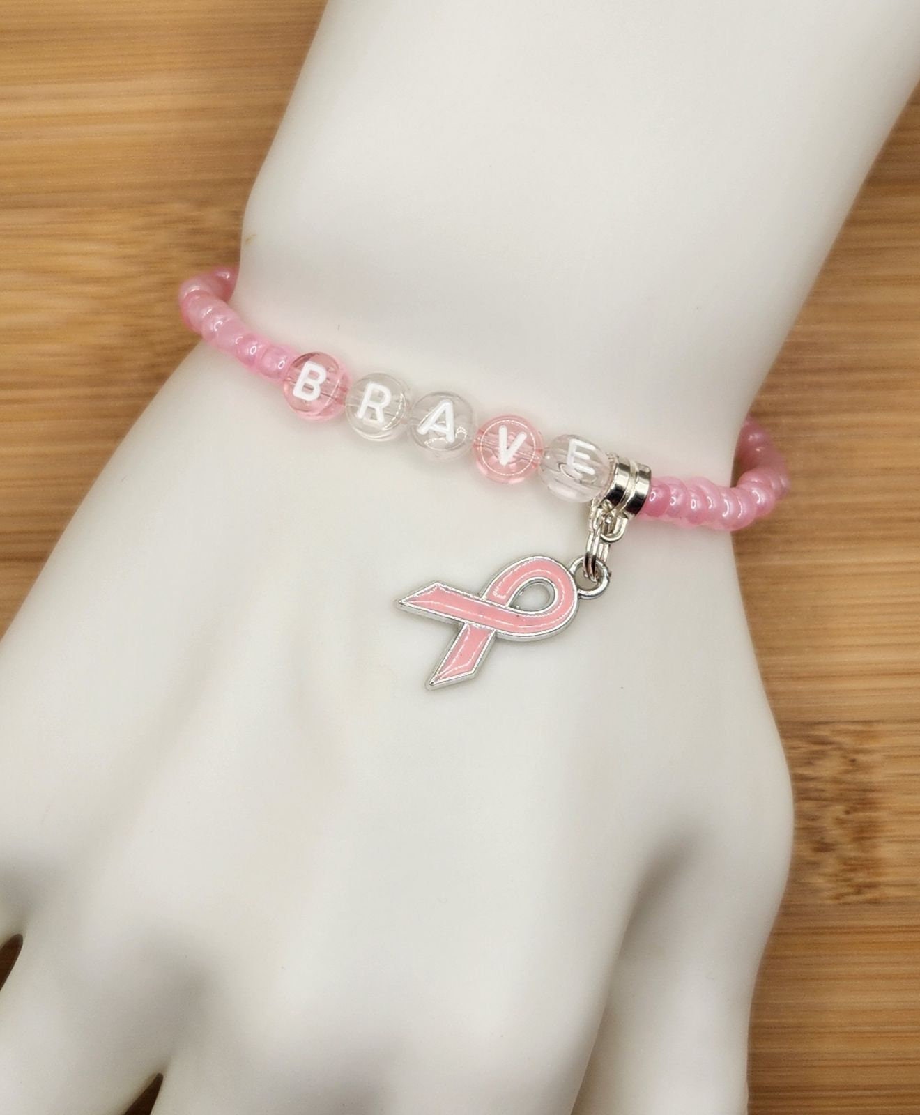 Brave Breast Cancer Ribbon Bracelet: Pink Glass Bead Stretch Jewelry - Etsy