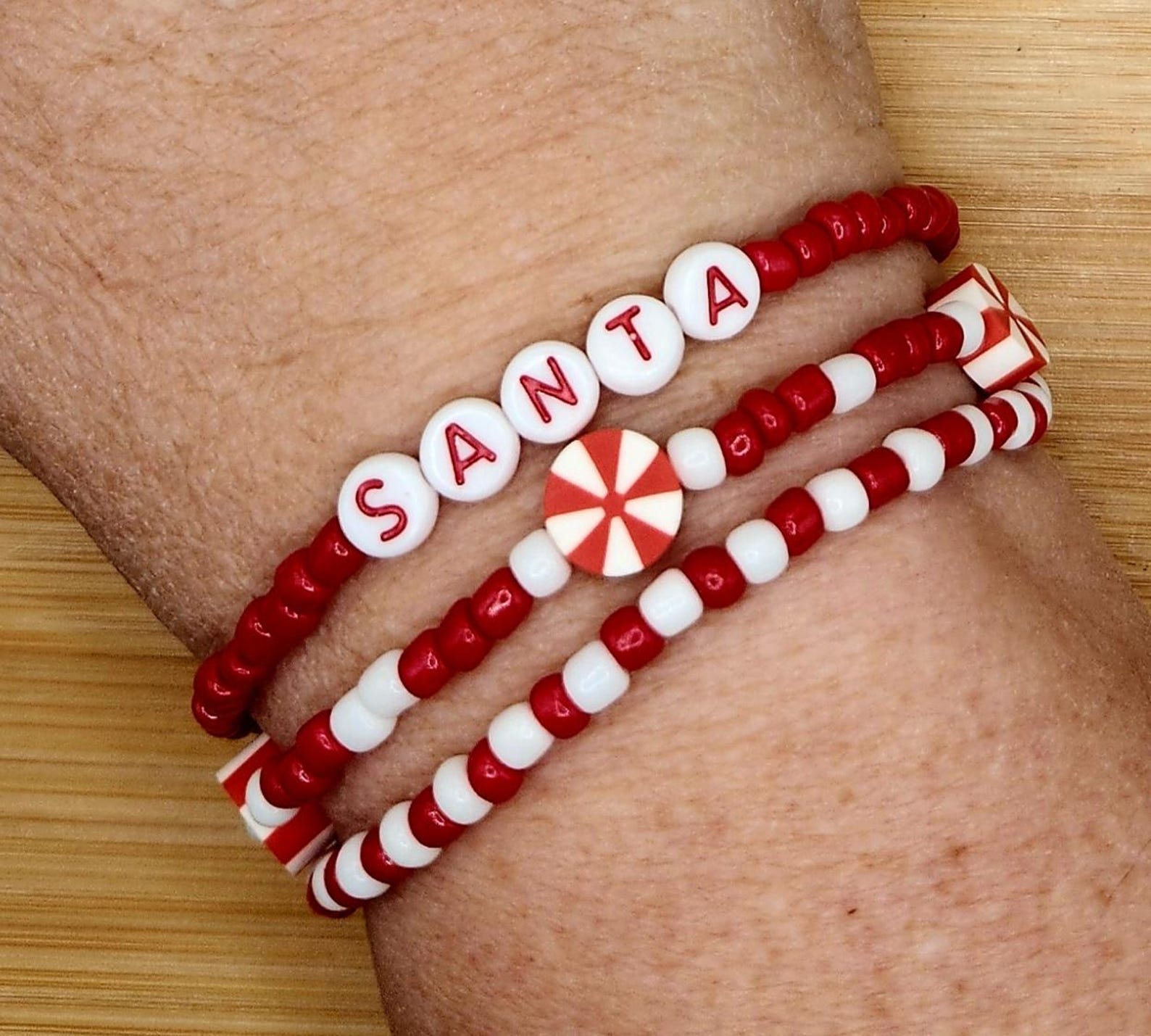 Christmas Strtech Santa Christmas Bracelet Set, Red & White Beaded Bracelet, Holiday ...