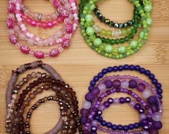 Colorful Beaded Stretch Bracelets - Set of 5 Glass Bead Stacking Bracelets