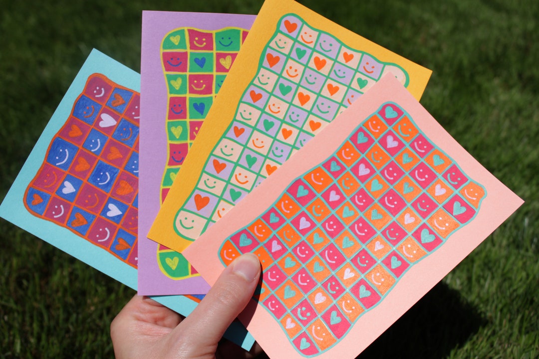 Set of 4 Checkered Smiley-face Greeting Cards -- Blank Inside, Hand ...