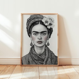 Póster de Frida Kahlo, arte mural en blanco y negro, flores, "Ecos de resiliencia", impresión, retrato, obra de arte, flores, regalo, niña, feminismo, derechos de las mujeres