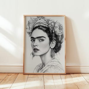 Frida Kahlo Zeichnung Poster Schwarz Weiße Blumen ""The Story in Her Eyes"" Wand Kunst Druck Portrait Kunstwerk Blumen | Geschenk Power Feminismus Frauen