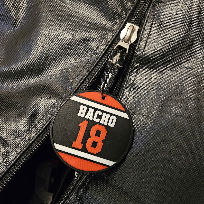 May include: A circular black and orange rubber zipper pull attached to a black textured bag. The tag features the white text BACHO above the large orange number 18, framed by horizontal white stripes on a black background with orange borders.