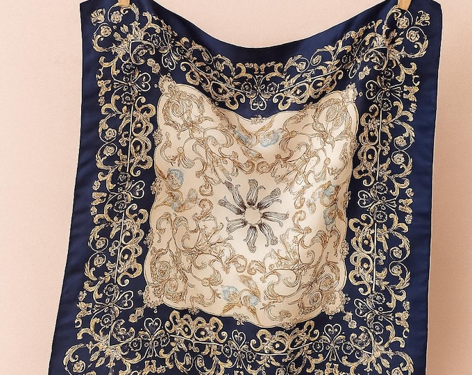 Luxury Polyester Satin Scarf Navy Blue & Gold Baroque Print