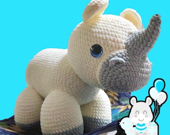 Bardzo duży 35 cm wzór na szydełkowego nosorożca - Wzór na nosorożca Amigurumi - Pobieranie cyfrowe - Zabawka szydełkowa DIY - Pomysł na ręcznie robiony prezent