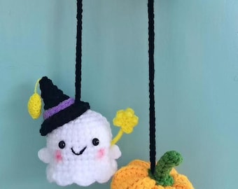 Wzór na wieszak samochodowy z motywem ducha i dyni | wzór ducha | wzór na dynię | wzór szydełkowy | wzór na Halloween
