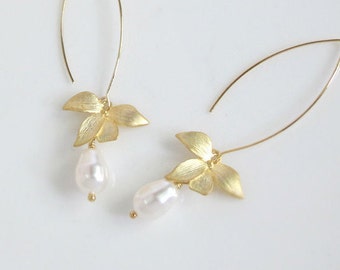 drop dangle earrings flower modern pearls accessory ear bridal gift rose swarovski plated gold orchid teardrop lovely simple jewelry