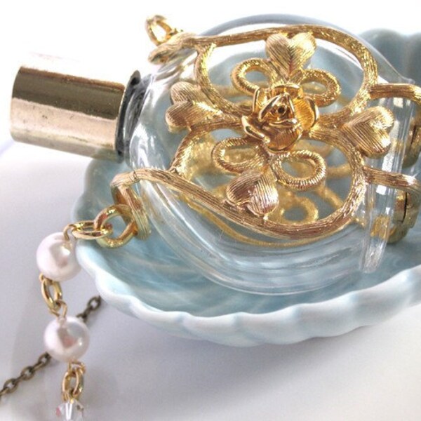 Vintage Style Principessa Vintage Glass Bottle with Brass Gold Ornate Flower Swarovski Crystals Long Necklace
