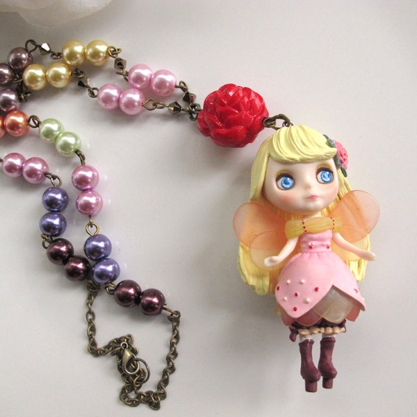 Mori Forest Harajuku Lolita Style Fantasy Garden Princess Fairy Girl Cosplay Big Eyed Blythe Doll Rainbow Glass pearls Long Necklace