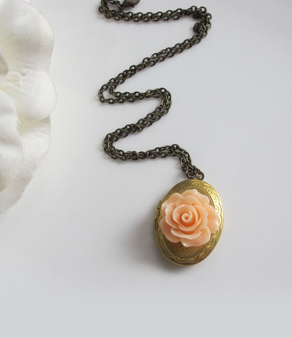 Items similar to Oval Brass Locket. Shabby Chic Peach Romantic Rose