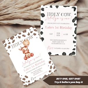 Holy Cow I'm One 招待状、牛テーマの誕生日招待状、牛の 1 歳の誕生日招待状、最初の誕生日の牛の招待状、かわいい牛の 1 歳の誕生日