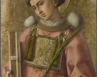 May include: A Renaissance-style painting of a saintly figure. The subject wears a pink robe with gold accents, a halo, and a hat with a spherical object on top. The figure holds a book and a green sprig.