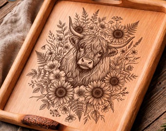 Highland Cow Cutting Board SVG, Cow Engraving File, Wood Burning PNG, Laser Engraving Design for Farmhouse Kitchen Gift | #3013
