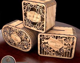 May include: Set of five wooden boxes with intricate laser cut designs. Each box features a floral pattern and a personalised name and date. The boxes are perfect for wedding gifts or other special occasions.