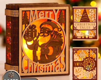 Merry Christmas Book Lantern Laser Cut Files Svg, Candle Holder Dxf for New Year Decoration, Lamp for Christmas Decoration | #218