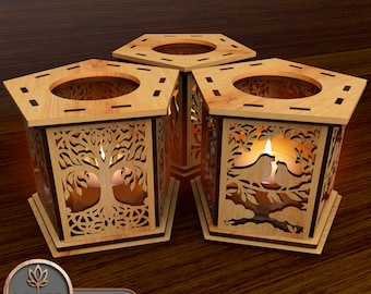 Candle Holder Laser Cut Files Set of 3 and Candle Holder Svg Laser, Lamp Lasercut File & Nightlight Laser Svg, Lantern Laser File Dxf | #115