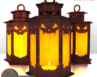 May include: Set of 5 laser cut wooden Halloween lanterns. Each lantern has a carved jack-o'-lantern face design with a handle on top. The lanterns are lit from within, casting a warm orange glow. The text "SET OF 5 LASER CUT FILES" is visible.