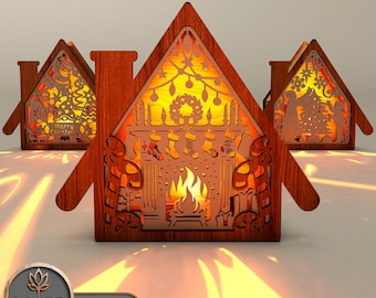 Houses Christmas Lantern Laser Files Christmas Candle Holder Svg Laser, Tea Light Christmas Decor Laser Cutting Dxf, Christmas Lamp | #152