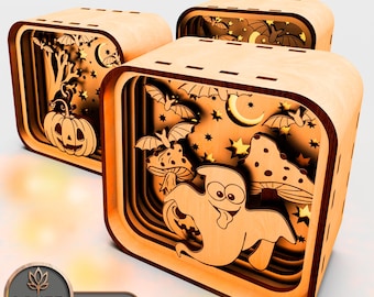 Halloween Shadow Box SVG Light Box Glowforge Template, Halloween Lantern Laser Cut Files | #126